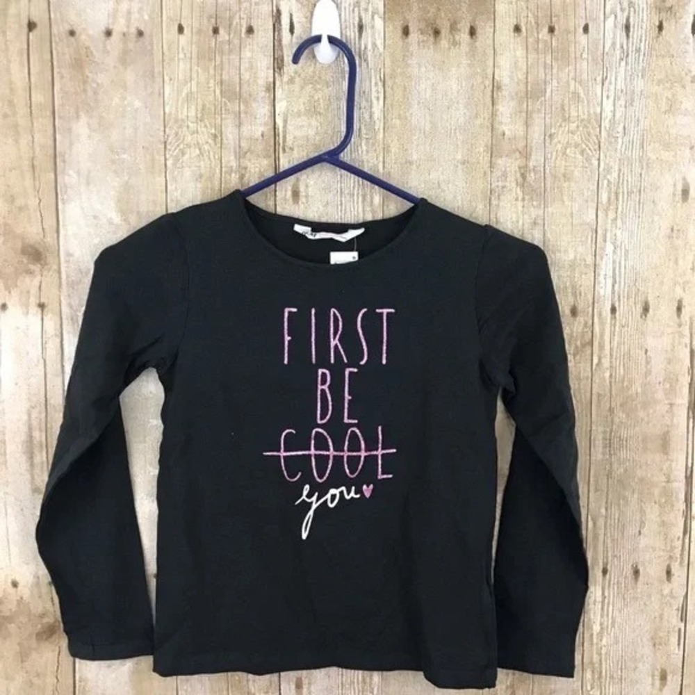 HM Girls Black Long Sleeve Graphic T-Shirt Pink Glitter First Be You Size 6-8Y